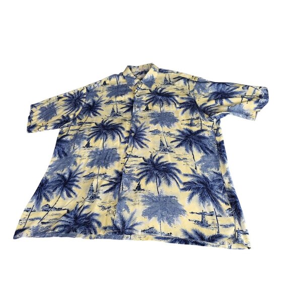 Pierre Cardin Button Up Shirt Men Sz L Yellow Blue Palm Trees Hawaiian Island - Picture 1 of 8